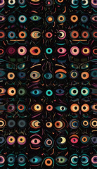A minimalist design of colorful abstract eyes floating against a black background, with thin, glowing lines connecting them in a mysterious and cryptic pattern for a mobile wallpaper