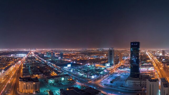 Nighttime panorama of the business district in Riyadh Saudi Arabia capturing the citys skyline