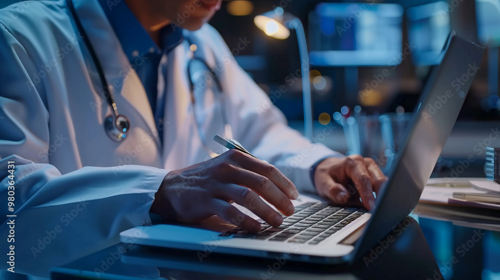 Poster a doctor working on a modern laptop computer making a report about patient condition or doing some r