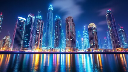 Nighttime scene of downtown Dubai UAE with glowing lights and luxurious modern buildings a top travel destination