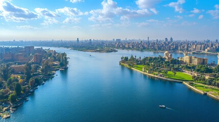 Obraz premium Panoramic aerial view of the Nile River and Gezira Island in Cairo Egypt