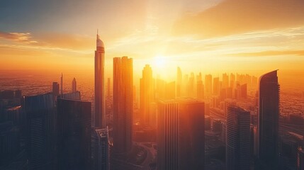 Panoramic view of Dubais cityscape at sunset highlighting the iconic modern skyscrapers a wellknown tourist attraction