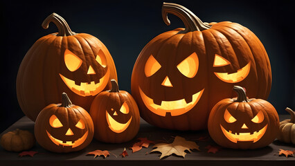 Halloween pumpkin background featuring spooky jack-o-lanterns on a black backdrop, perfect for autumn celebrations