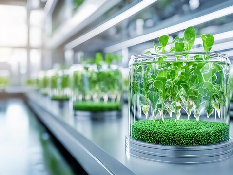 Bioengineered algae farm producing eco-friendly biofuels in a modern green facility, biotech energy, sustainable biofuel production