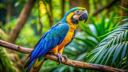 Vibrant blue and yellow parrot perches on a delicate branch, showcasing its majestic plumage, sharp talons, and expressive eyes in a lush green forest setting.