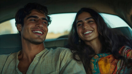 Smiling Indian Couple Sitting in Car