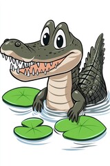 Naklejka premium Cartoon Alligator in Water with Lily Pads