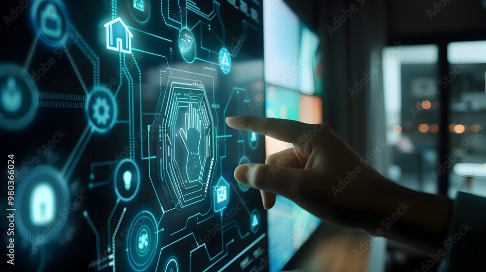Poster ai powered home security system with user interacting on smart device
