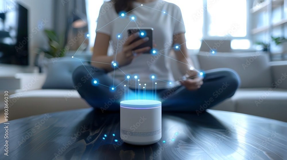 Poster ai enabled smart home security system user interacting with secure modern device