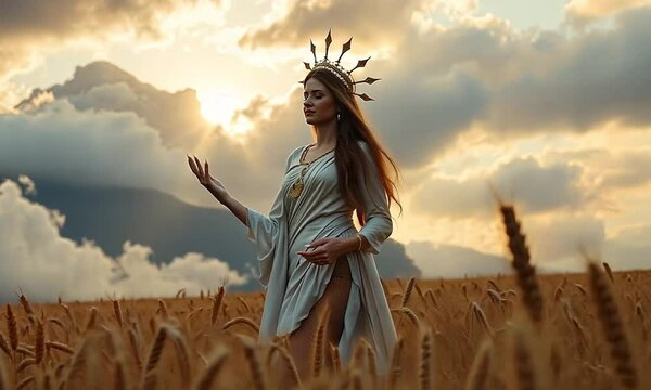 Demeter. The goddess of agriculture, in a vast, lush field of wheat. She stands tall, with golden grains flowing around her, hands reaching out to bless the earth, symbolizing abundance and fertility