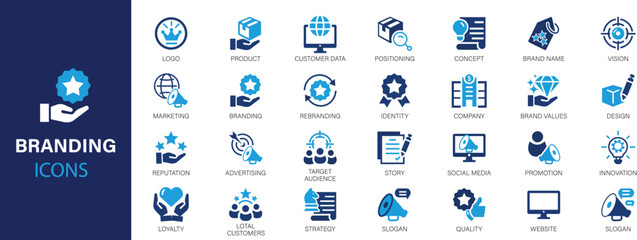 Branding flat icons set. Product, Discount, Company, Social media, Innovation, Distribution, Design, Consumers, Brand Value and more signs. Flat icon collection.