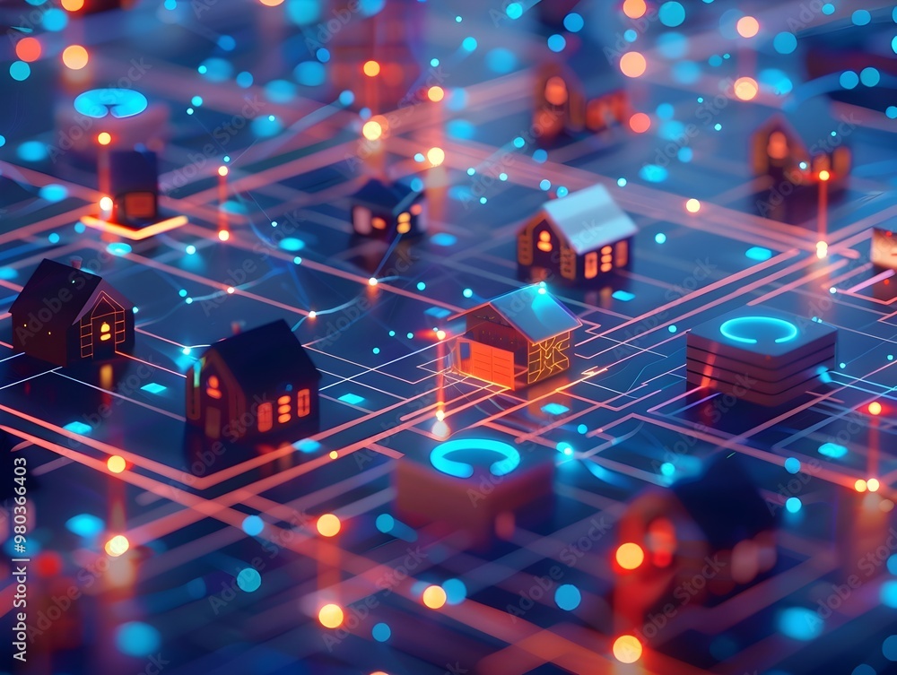 Poster futuristic smart home network with interconnected iot devices and cybersecurity concept