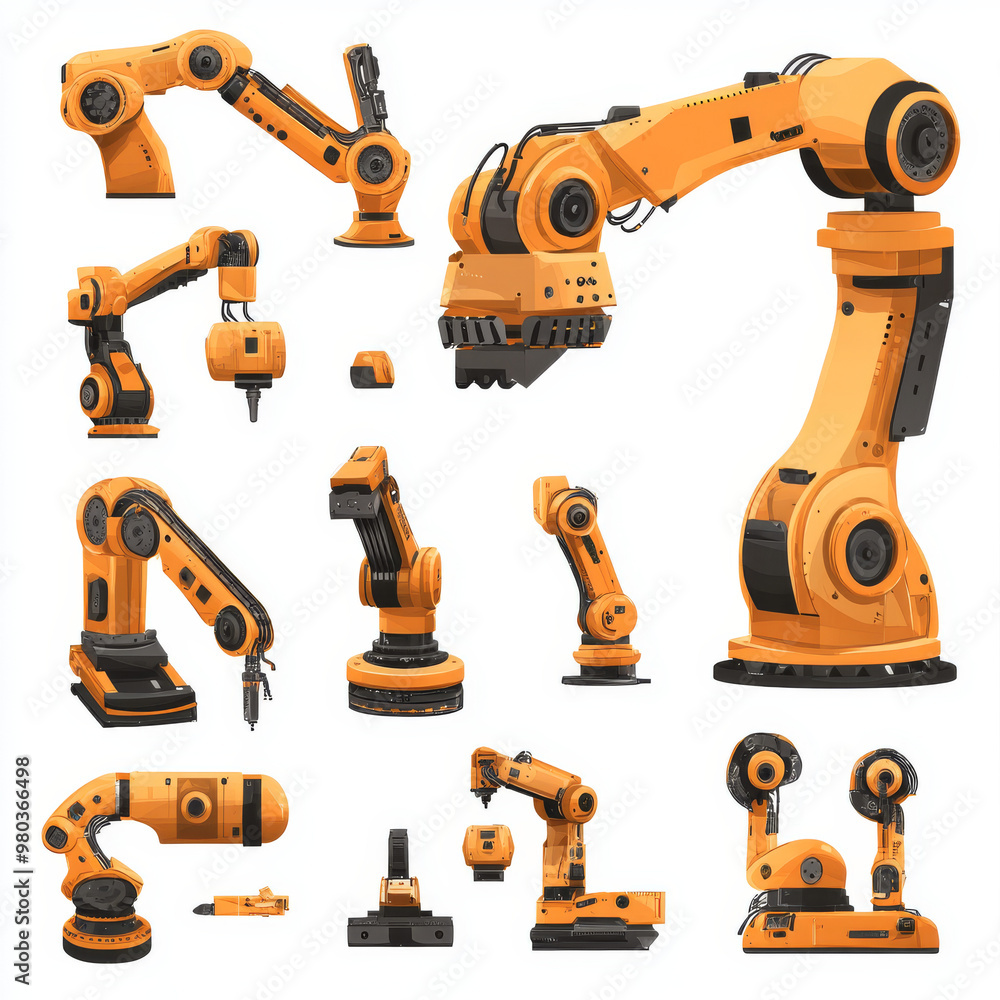 Poster automated orange robotic arms or industrial 3d manipulators isolated on a white background. hydrauli