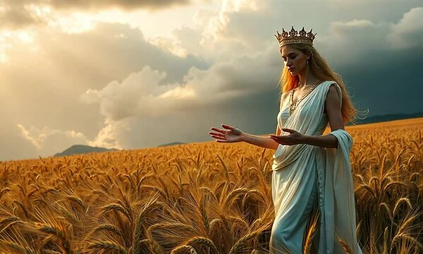 Demeter. The goddess of agriculture, in a vast, lush field of wheat. She stands tall, with golden grains flowing around her, hands reaching out to bless the earth, symbolizing abundance and fertility