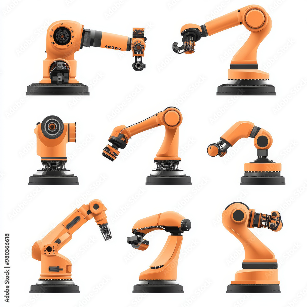 Poster automated orange robotic arms or industrial 3d manipulators isolated on a white background. hydrauli