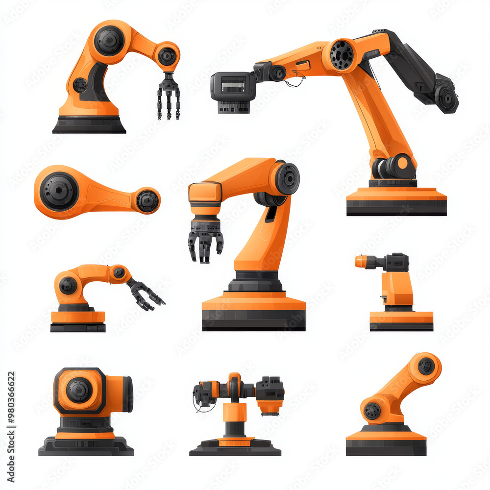 Poster automated orange robotic arms or industrial 3d manipulators isolated on a white background. hydrauli