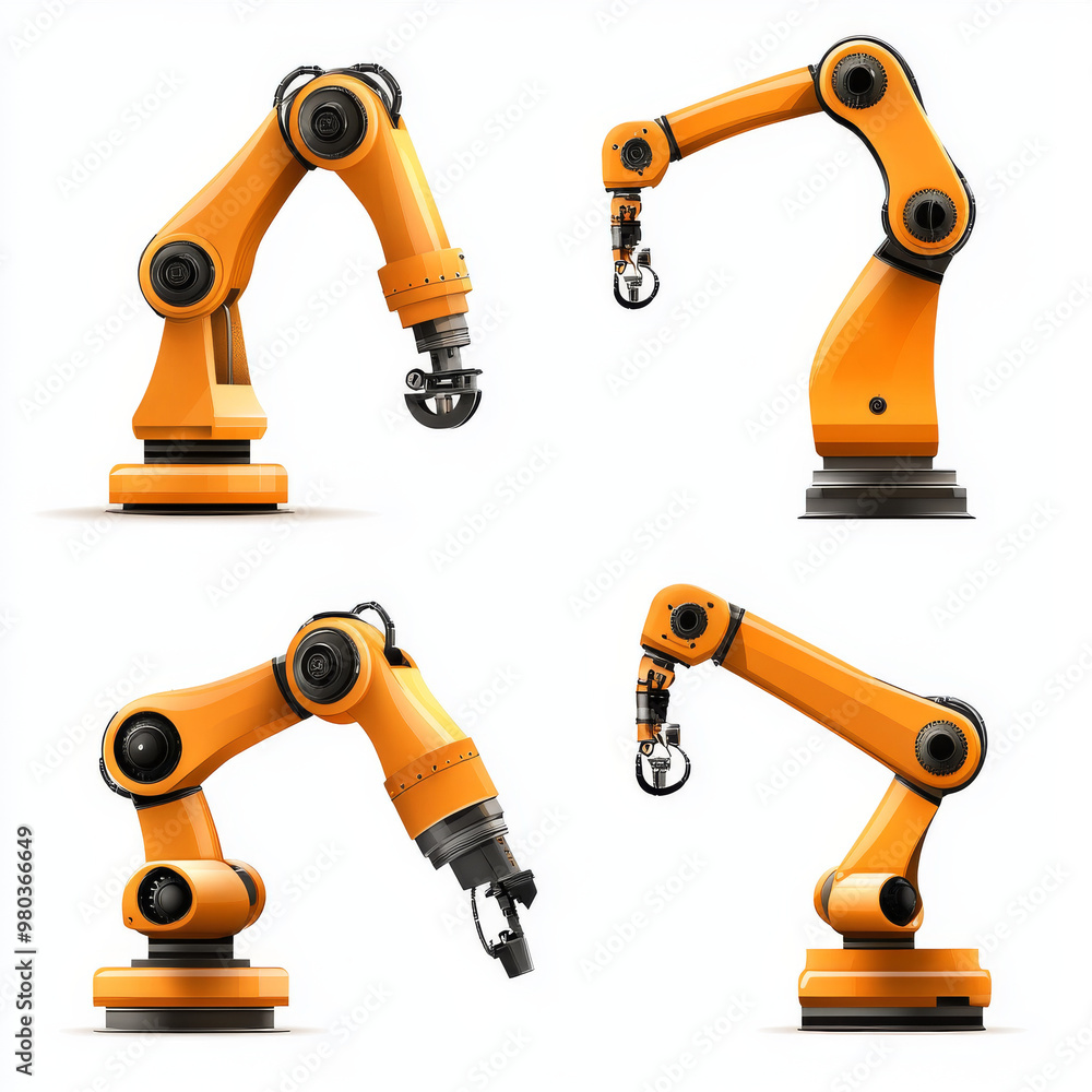 Poster automated orange robotic arms or industrial 3d manipulators isolated on a white background. hydrauli