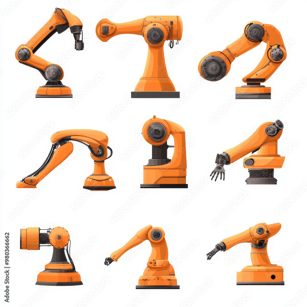 Poster automated orange robotic arms or industrial 3d manipulators isolated on a white background. hydrauli
