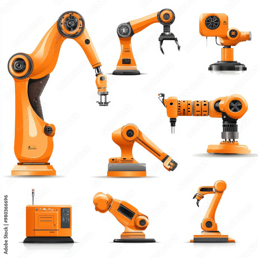 Poster automated orange robotic arms or industrial 3d manipulators isolated on a white background. hydrauli