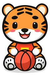 Naklejka premium Cute Tiger Cub Playing with a Basketball