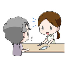 薬剤師から薬の説明を受ける高齢女性のイラスト