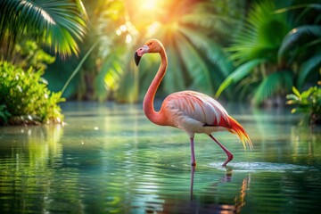 Fototapeta premium A serene pink flamingo stands alone on calm turquoise water, feathers glowing in warm sunlight, surrounded by lush green vegetation and subtle water ripples.