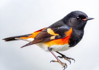 Fototapeta premium Vibrant American redstart bird with black and orange plumage, white underside, and distinctive white patches on wings, perched solo on a pure white background.