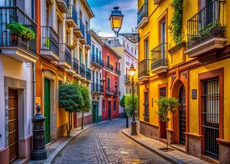 Naklejka premium Vibrant Spanish street scene featuring a narrow cobblestone alleyway, colorful buildings, and ornate street lamps, evoking the charm of Sevilla's historic quarter.
