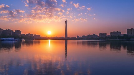View of Cairo Tower at sunset on Gezira Island located in the Nile River Egypt
