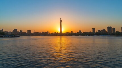 Naklejka premium View of Cairo Tower at sunset on Gezira Island located in the Nile River Egypt