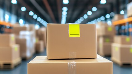 Close-up of stacked cardboard boxes in a warehouse, showcasing organization and logistics in modern storage solutions.
