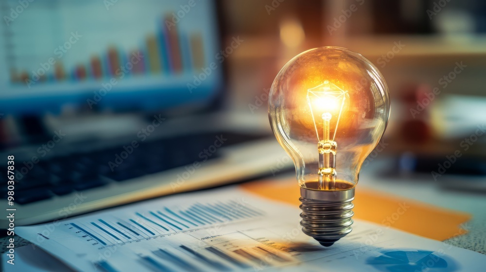 Poster lit lightbulb glowing on paperwork with computer display graph in office workspace