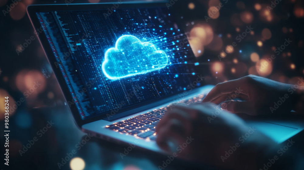 Poster hand presenting a laptop with a cloud network, illustrating the connection to internet servers for c