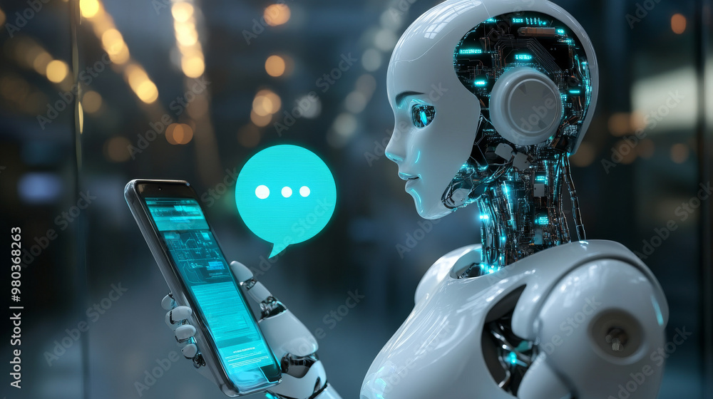 Poster ai chatbot interacting with customers via a mobile phone. image of a robot woman on the screen of th