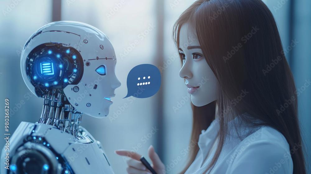 Poster ai chatbot interacting with customers via a mobile phone. image of a robot woman on the screen of th