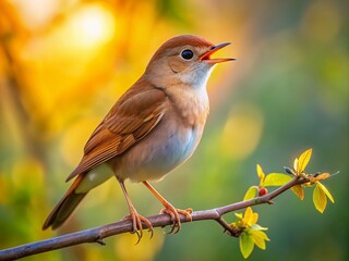 Fototapeta premium A solitary nightingale perches on a delicate branch, its feathers a warm brown, as it sings sweet melodies into the warm, golden evening light.