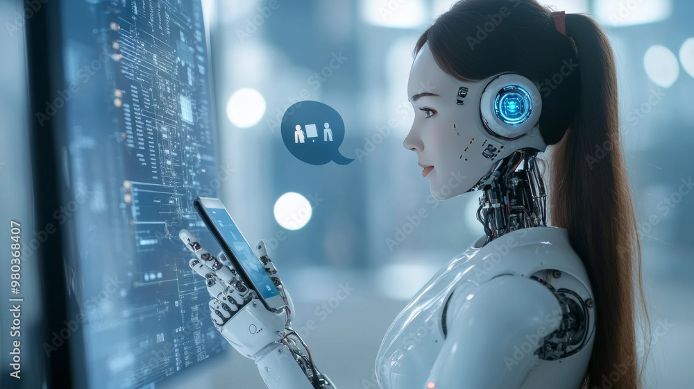 Aufkleber ai chatbot interacting with customers via a mobile phone. image of a robot woman on the screen of th