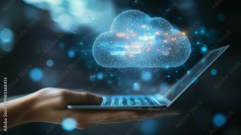 Poster hand presenting a laptop with a cloud network, illustrating the connection to internet servers for c