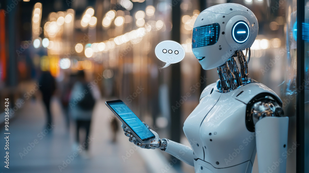 Poster ai chatbot interacting with customers via a mobile phone. image of a robot woman on the screen of th