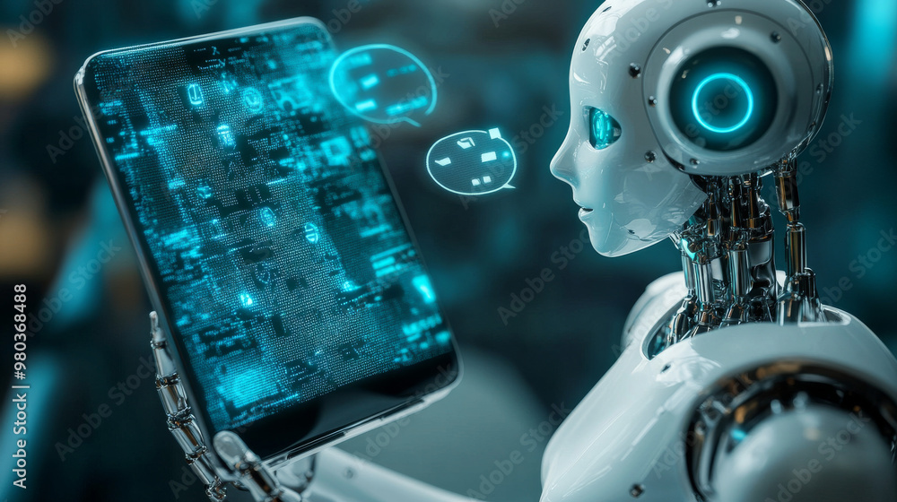 Aufkleber ai chatbot interacting with customers via a mobile phone. image of a robot woman on the screen of th