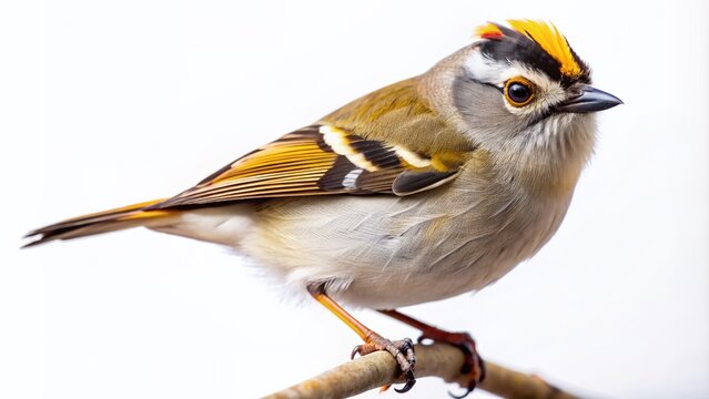 Vibrant golden-crowned kinglet perches upright, showcasing its bright yellow crest, grey and white feathers, and distinctive white eyebrow stripes against a pure white background.