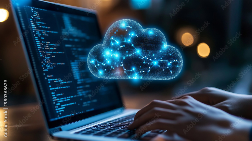 Poster hand presenting a laptop with a cloud network, illustrating the connection to internet servers for c