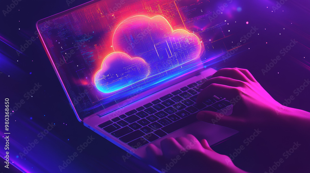Poster hand presenting a laptop with a cloud network, illustrating the connection to internet servers for c