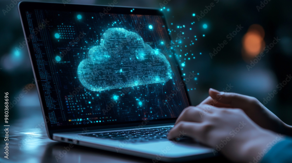 Poster hand presenting a laptop with a cloud network, illustrating the connection to internet servers for c
