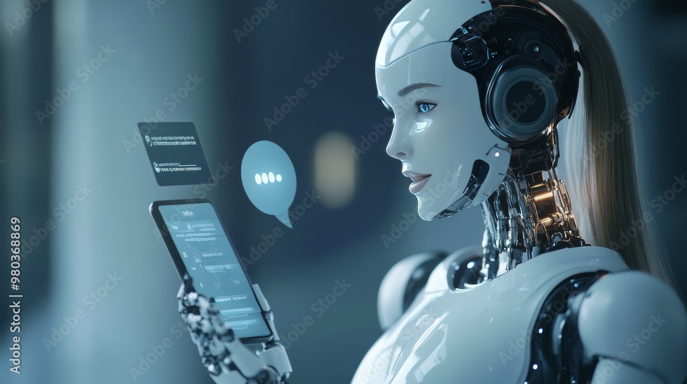 Aufkleber ai chatbot interacting with customers via a mobile phone. image of a robot woman on the screen of th