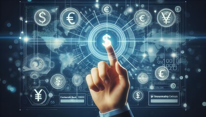 Online banking and digital money concept with man finger on virtual touch screen interface with central bank layout surrounded currency signs: dollar, euro, ruble and yen on abstract background