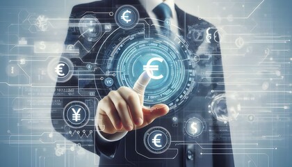 Naklejka premium Online banking and digital money concept with man finger on virtual touch screen interface with central bank layout surrounded currency signs: dollar, euro, ruble and yen on abstract background