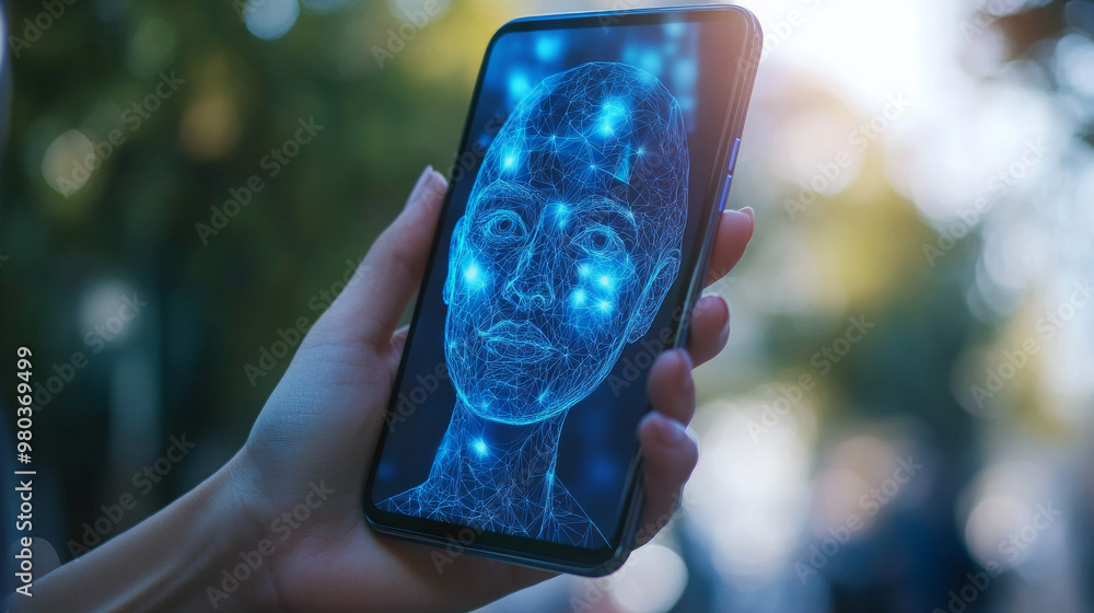 Poster hand interacting with a smartphone ui for unlocking via facial recognition. facial identification co