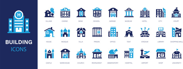 Building flat icons set. Bank, shop, office, school, hotel, church, public building icons and more signs. Flat icon collection.