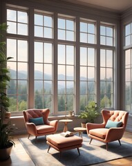 Quiet reading area with armchairs and large windows